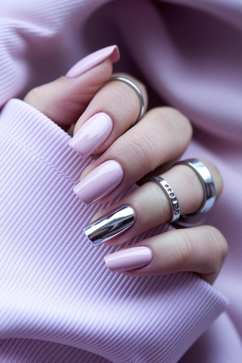 Light Pink Nails with Chrome: Delicate and Dazzling outfit idea
