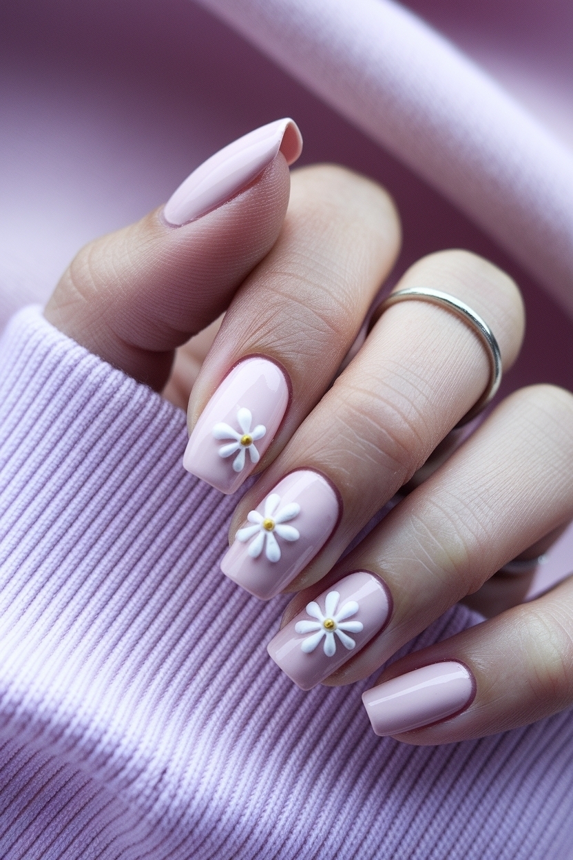 Creative Light Pink Nails with Flowers for Spring outfit idea