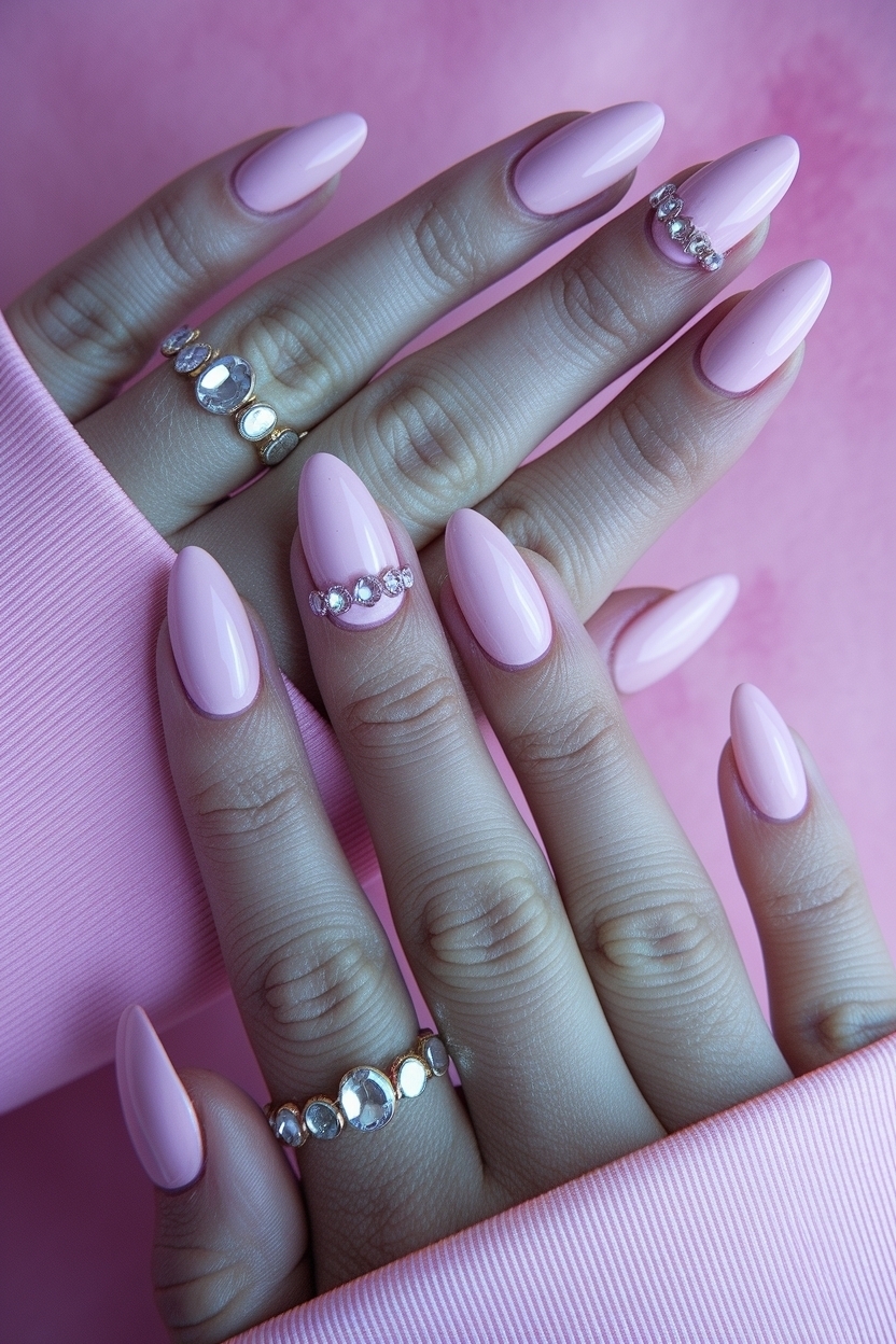 Glam Up Your Look with Light Pink Nails with Gems outfit idea