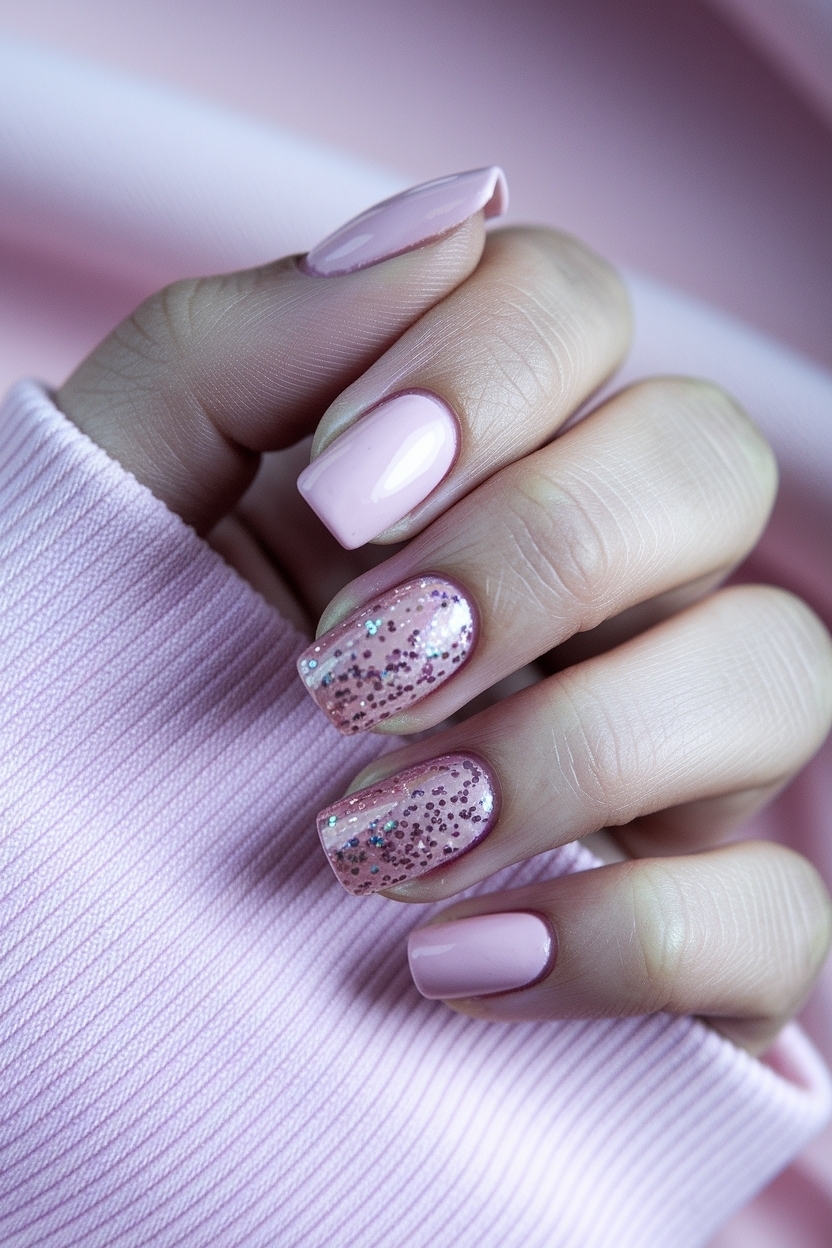 Light Pink Nails with Glitter for a Soft Touch outfit idea