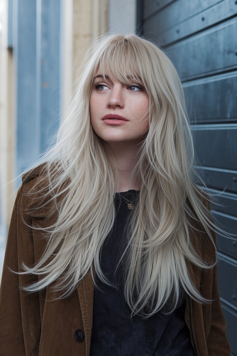 Long Blonde Hair with Layers and Bangs: Perfectly Stylish outfit idea