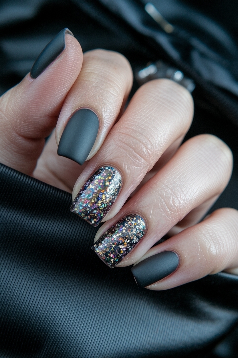 Matte Black Nails with Glitter: Add Some Sparkle outfit idea