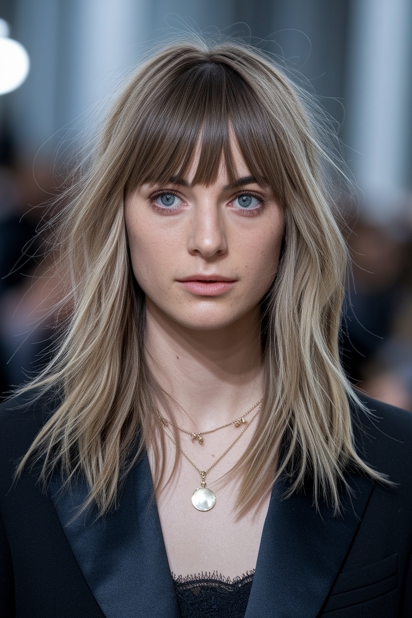 Medium Hair Cut with Long Layers and Curtain Bangs outfit idea