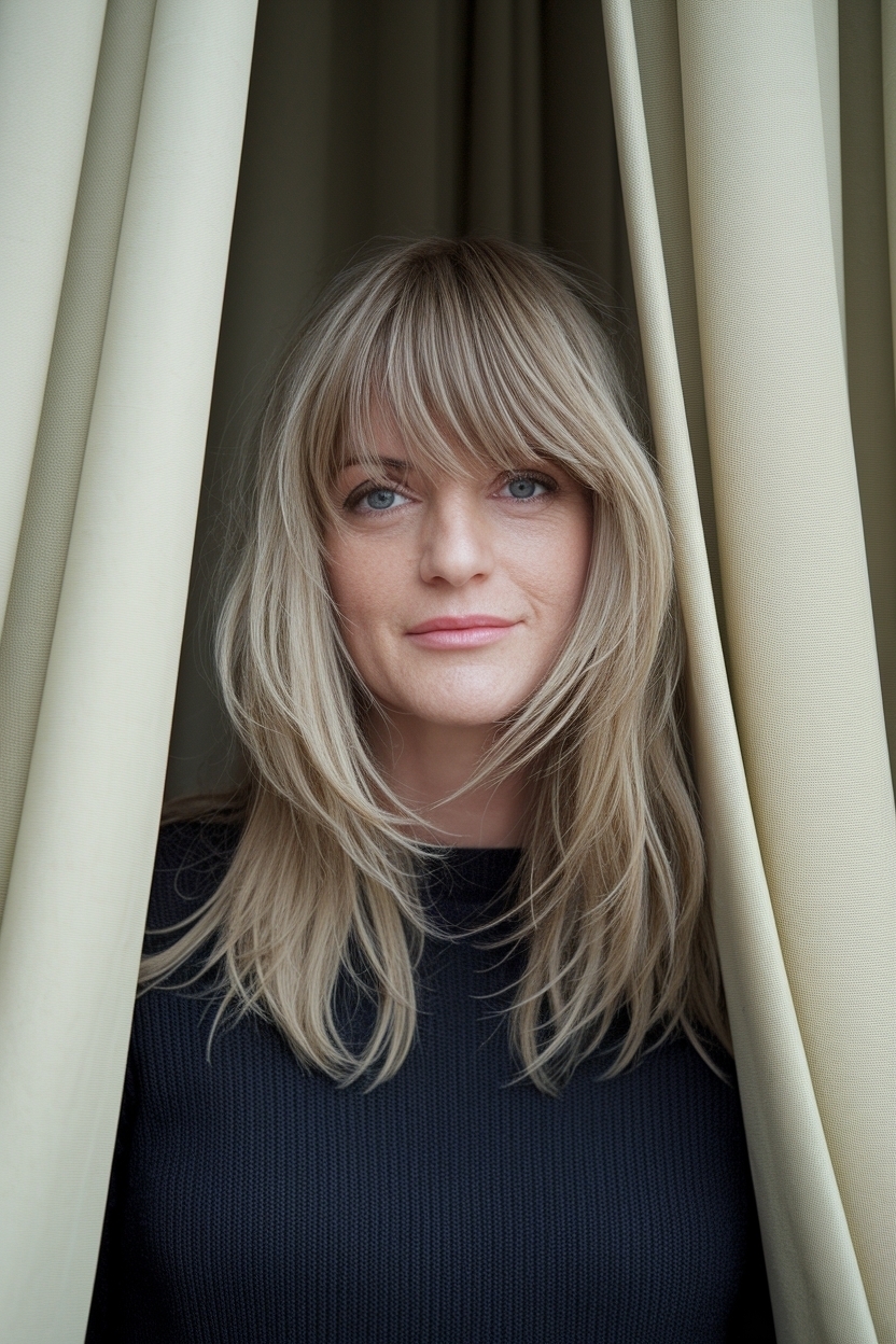 Medium Length Hair with Layers Curtain Bangs for a Fresh Look outfit idea