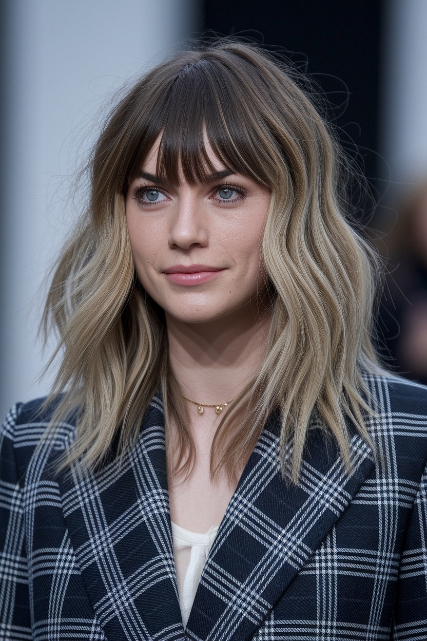 Medium Length Haircut with Long Curtain Bangs and Layers Styles outfit idea