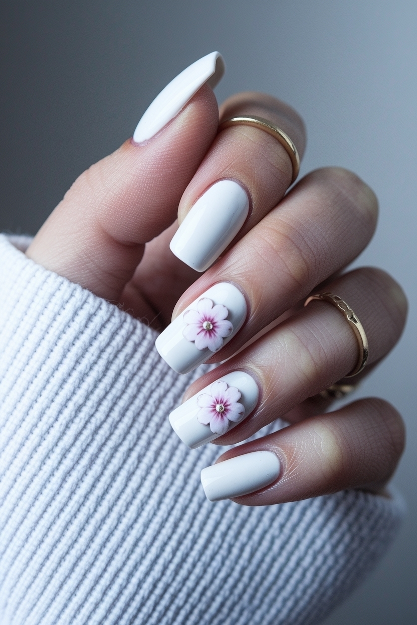 Milky White Nails with Flowers: Perfect for Spring outfit idea