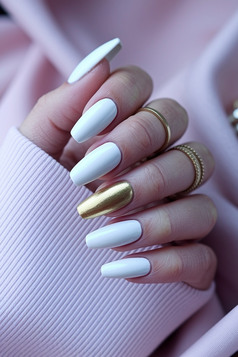 Milky White Nails with Gold: Elegant Touch for Any Occasion outfit idea