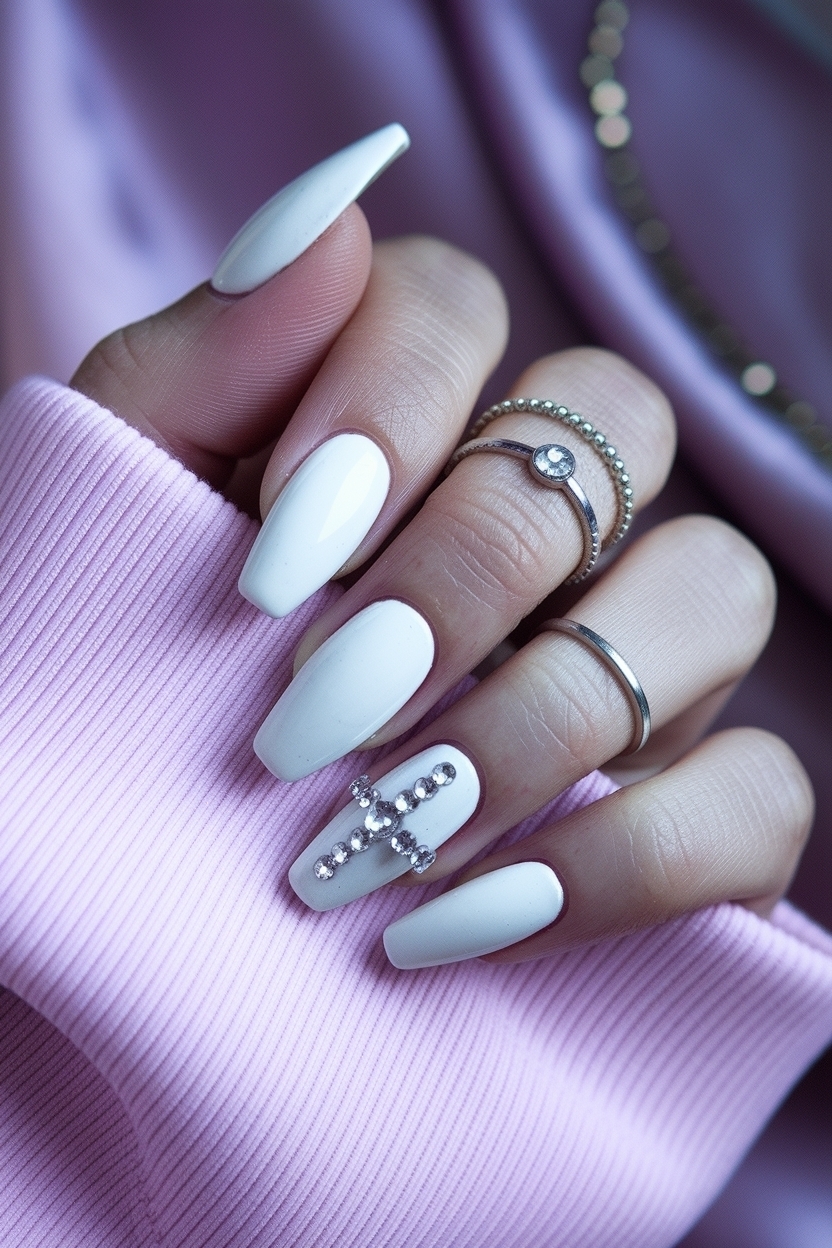 Glamorous Milky White Nails with Rhinestones for Sparkle outfit idea