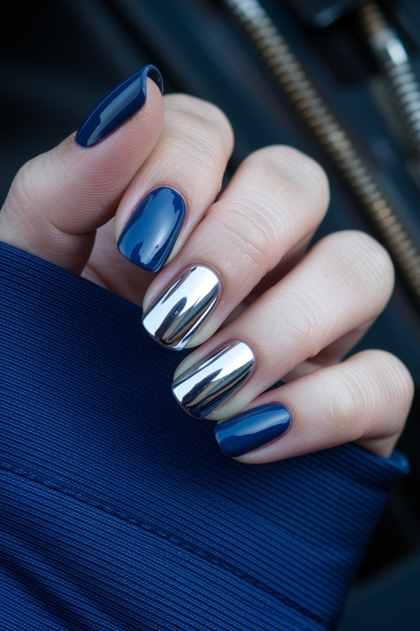 Navy Blue Nails with Chrome: Bold and Chic outfit idea