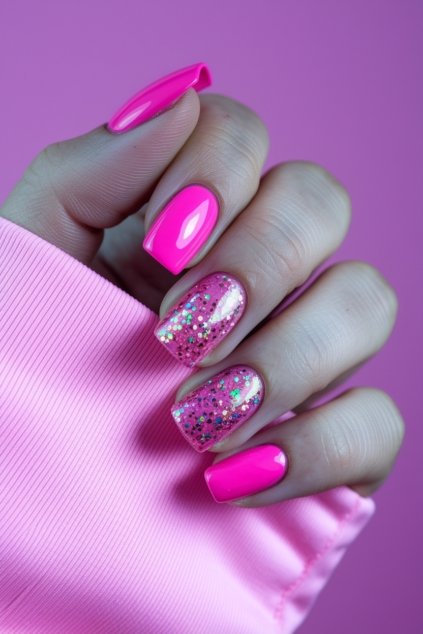 Neon Pink Nails with Glitter for a Fun Vibe outfit idea