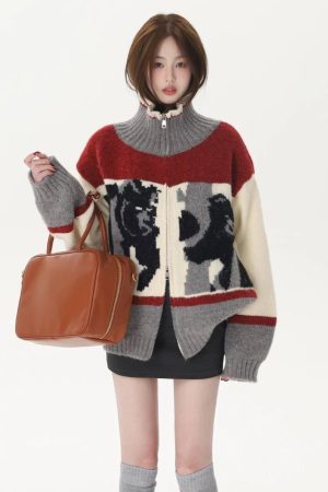 New Style Trends - Abstract Retro Knit Zip-Up Cardigan - Outfit Ideas