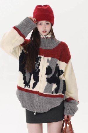 New Style Trends - Abstract Retro Knit Zip-Up Cardigan - Outfit Ideas