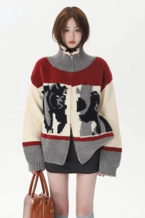 New Style Trends - Abstract Retro Knit Zip-Up Cardigan - Outfit Ideas