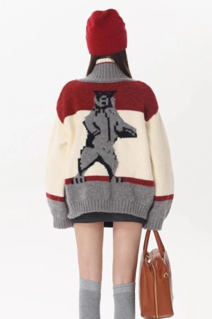 New Style Trends - Abstract Retro Knit Zip-Up Cardigan - Outfit Ideas