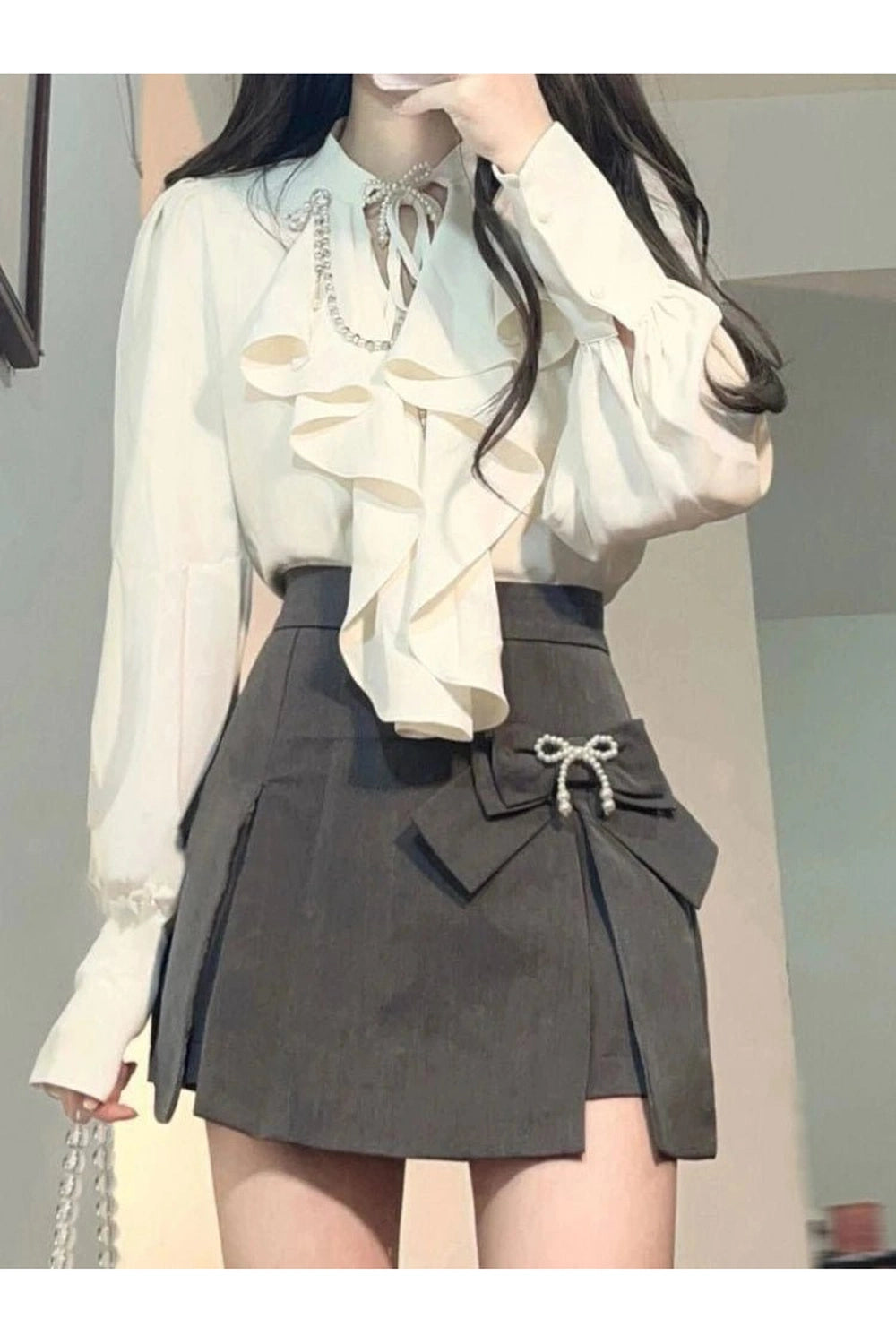 New Style Trends - Acubi Elegant Ruffle Blouse and Bow Skirt Set - Outfit Ideas