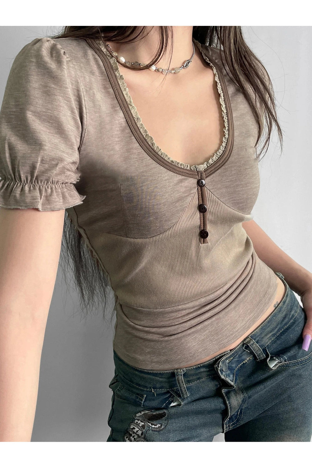 New Style Trends - Acubi Puff Sleeve Ruffle Trim Top - Outfit Ideas