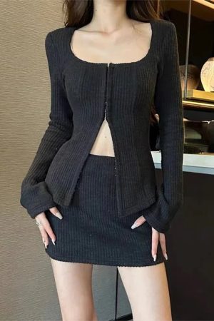 New Style Trends - Acubi Style Heather Knit Co-Ord Outfit Set - Outfit Ideas