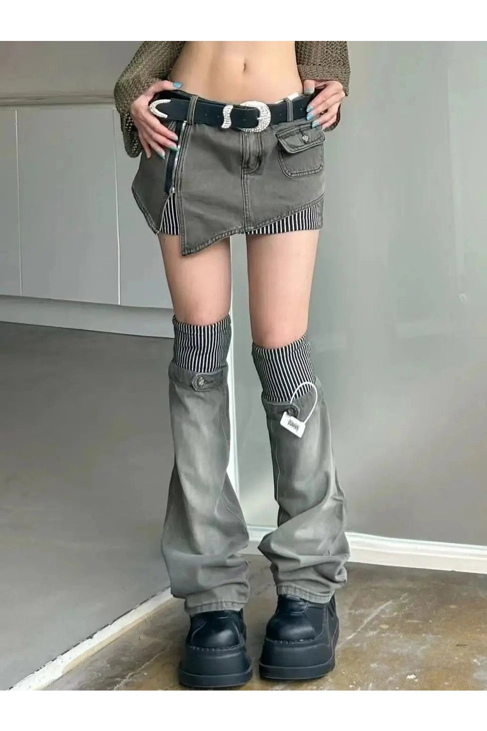 New Style Trends - Acubi Y2k Layered Skirt-Pants Hybrid with Belt - Outfit Ideas