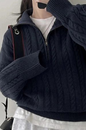 New Style Trends - Aesthetic Cozy Cable Knit Quarter-Zip Sweater - Outfit Ideas