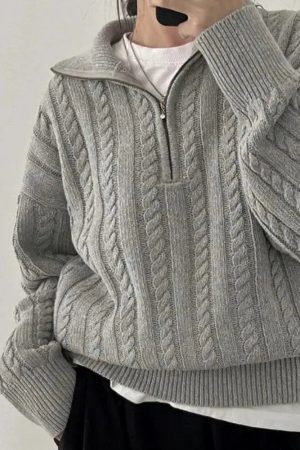 New Style Trends - Aesthetic Cozy Cable Knit Quarter-Zip Sweater - Outfit Ideas