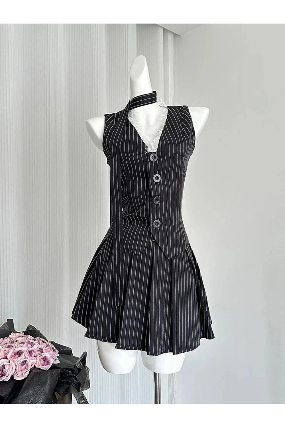 New Style Trends - Aesthetic Elegant Pinstripe Lace-Up Skirt Outfit Set - Outfit Ideas