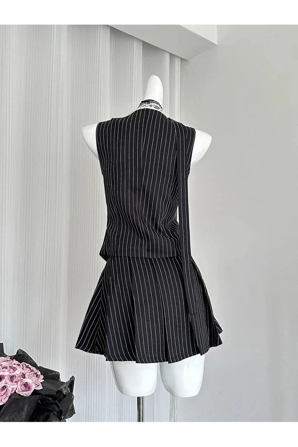 New Style Trends - Aesthetic Elegant Pinstripe Lace-Up Skirt Outfit Set - Outfit Ideas