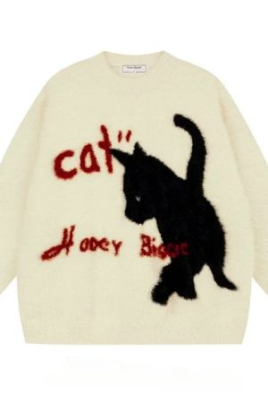 New Style Trends - Aesthetic Fuzzy Black Cat Knit Sweater - Outfit Ideas