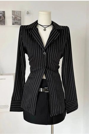 New Style Trends - Aesthetic Pinstripe Power Blazer and Skirt Outfit Set - Outfit Ideas