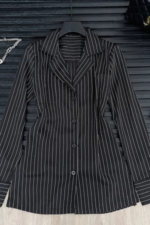 New Style Trends - Aesthetic Pinstripe Power Blazer and Skirt Outfit Set - Outfit Ideas