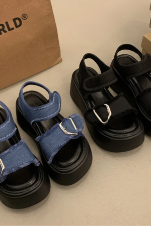 New Style Trends - Aesthetic Y2k Denim Heart Buckle Sandals - Outfit Ideas