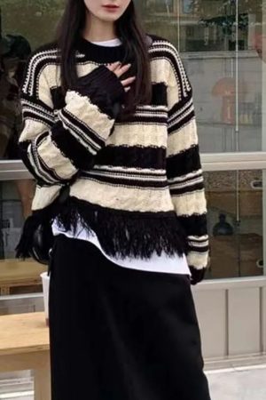 New Style Trends - Alt Grunge Fringe Striped Sweater - Outfit Ideas