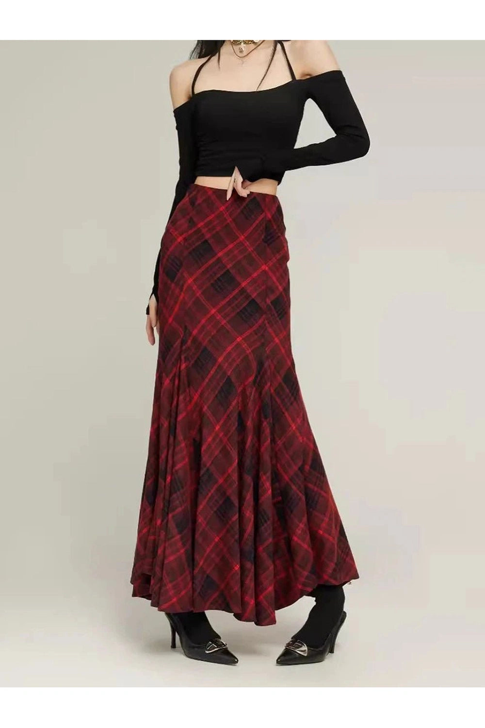 New Style Trends - Alt Retro Red Plaid Mermaid Maxi Skirt - Outfit Ideas New Style Trends - Alt Retro Red Plaid Mermaid Maxi Skirt - Outfit Ideas