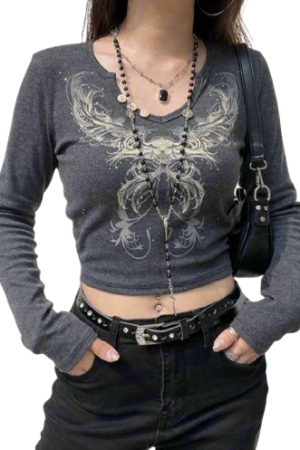 New Style Trends - Alt Rhinestone Flower Long Sleeve Top - Outfit Ideas