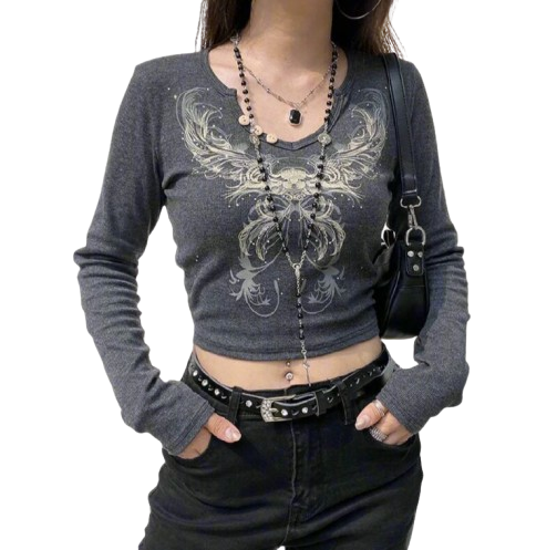 New Style Trends - Alt Rhinestone Flower Long Sleeve Top - Outfit Ideas