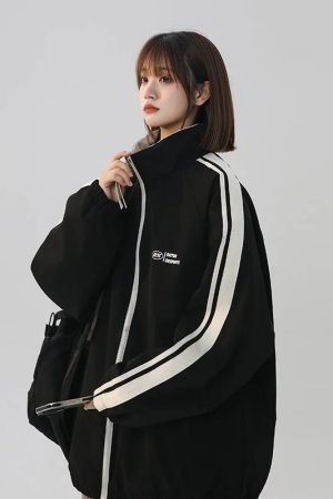 New Style Trends - Black Striped Y2k Oversized Track Jacket - Outfit Ideas