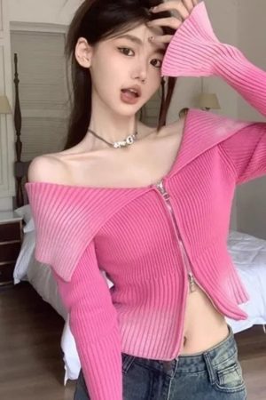 New Style Trends - Bubblegum Aesthetic Zip-Up Off-Shoulder Top - Outfit Ideas