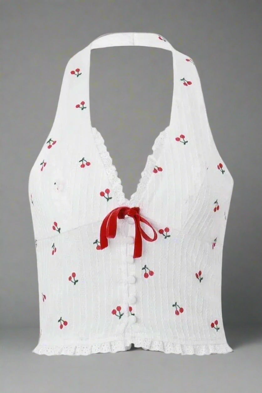 New Style Trends - Coquette Cherry Blossom Lace-Up Halter Top - Outfit Ideas