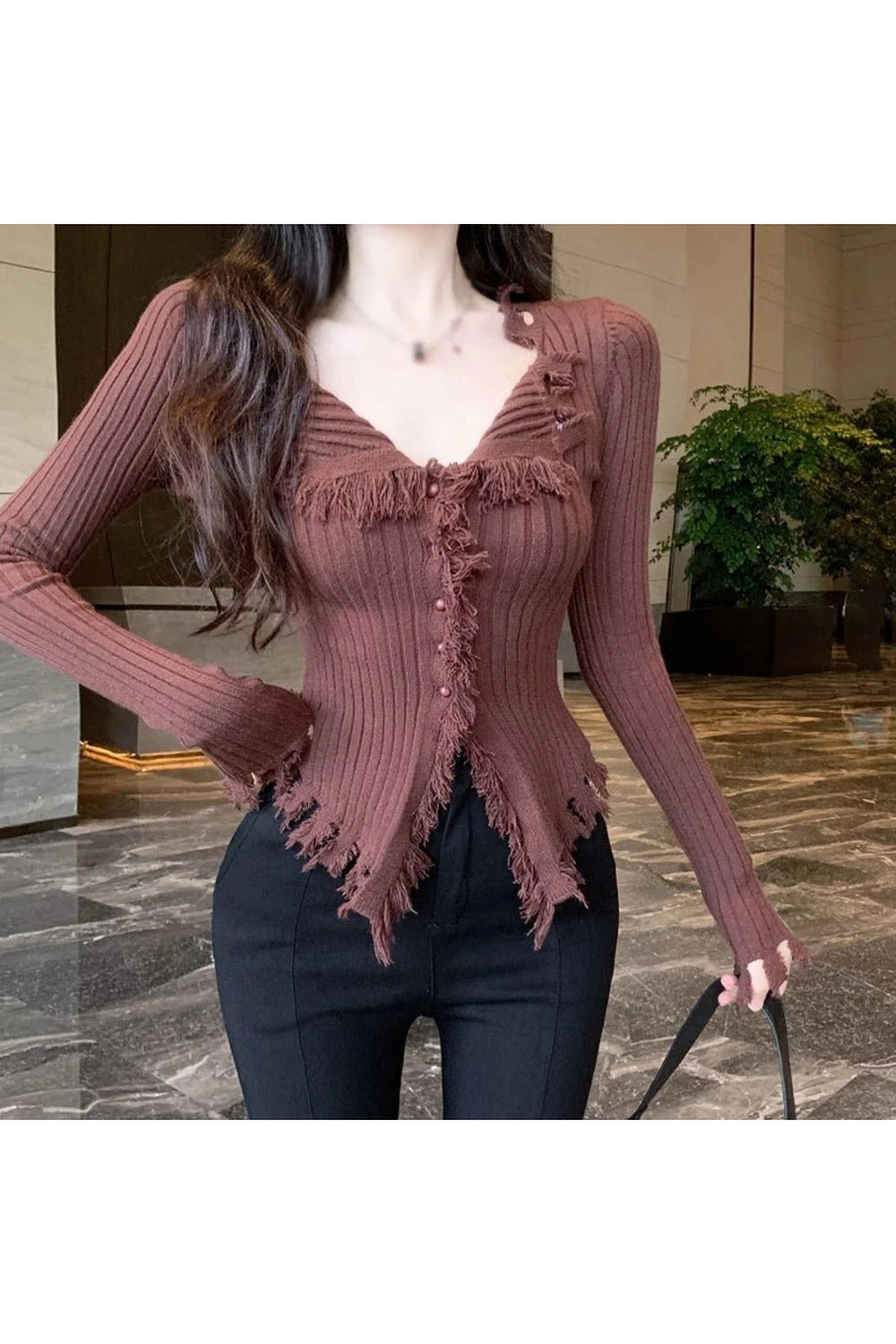 New Style Trends - Coquette Frayed Hem Ribbed Cardigan - Outfit Ideas