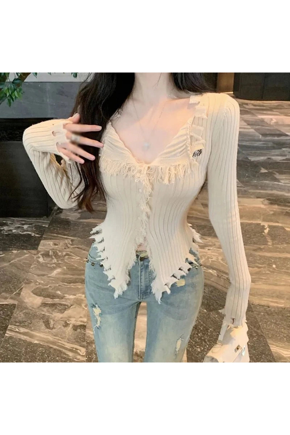 New Style Trends - Coquette Frayed Hem Ribbed Cardigan - Outfit Ideas