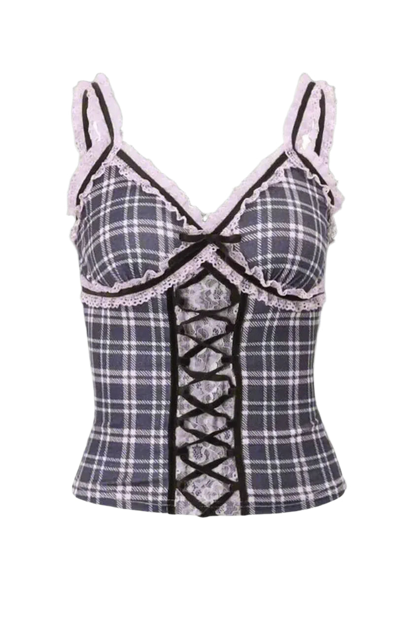 New Style Trends - Coquette Lace Patchwork Plaid Top - Outfit Ideas