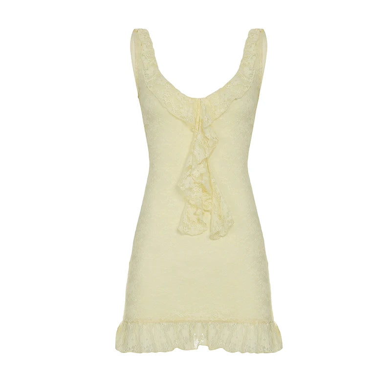 New Style Trends - Coquette Lemon Lace Ruffle Mini Dress - Outfit Ideas