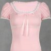 New Style Trends - Coquette Pink Lace-Trim Puff Sleeve Top - Outfit Ideas