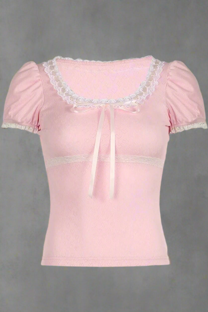 New Style Trends - Coquette Pink Lace-Trim Puff Sleeve Top - Outfit Ideas