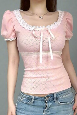 New Style Trends - Coquette Pink Lace-Trim Puff Sleeve Top - Outfit Ideas