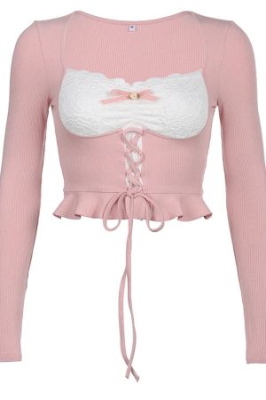 New Style Trends - Coquette Pink Patchwork Long Sleeve Top - Outfit Ideas