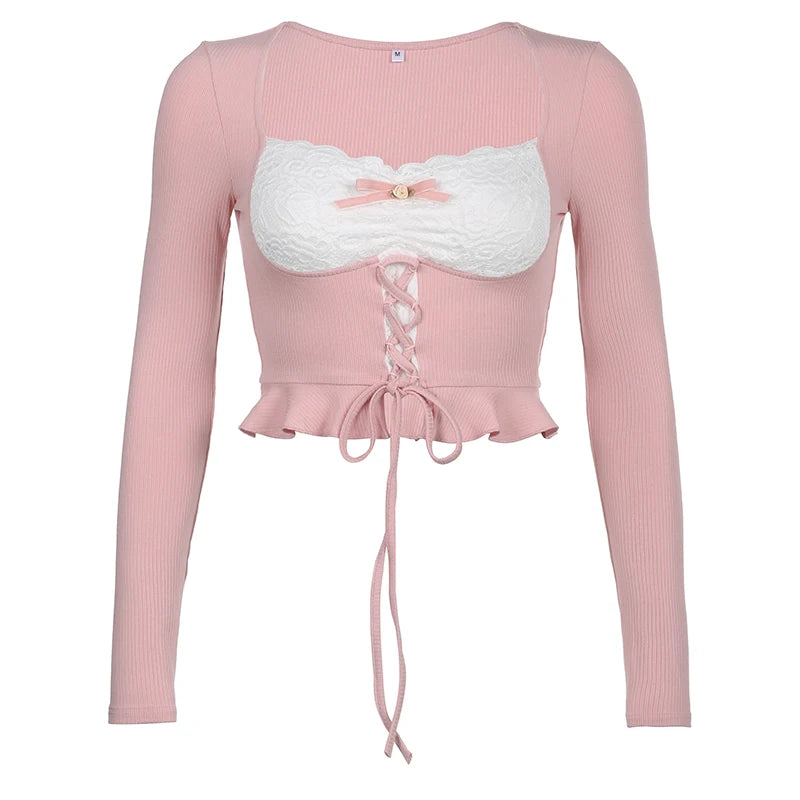 New Style Trends - Coquette Pink Patchwork Long Sleeve Top - Outfit Ideas