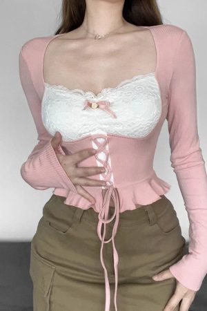 New Style Trends - Coquette Pink Patchwork Long Sleeve Top - Outfit Ideas