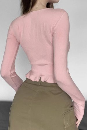 New Style Trends - Coquette Pink Patchwork Long Sleeve Top - Outfit Ideas