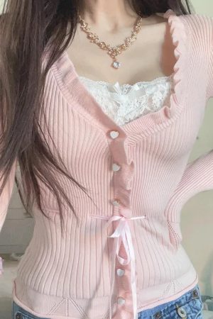 New Style Trends - Coquette Sweet Bow Ribbed Cardigan - Outfit Ideas