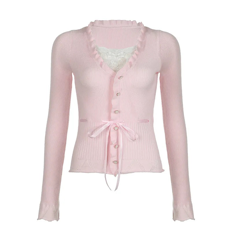 New Style Trends - Coquette Sweet Bow Ribbed Cardigan - Outfit Ideas New Style Trends - Coquette Sweet Bow Ribbed Cardigan - Outfit Ideas